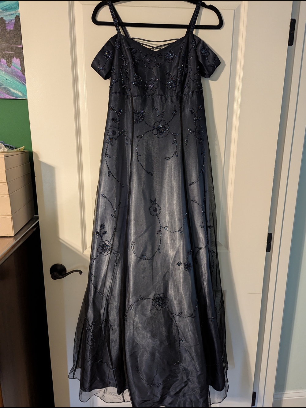 Cache Silver Blue Beaded Floral Off-Shoulder Gown